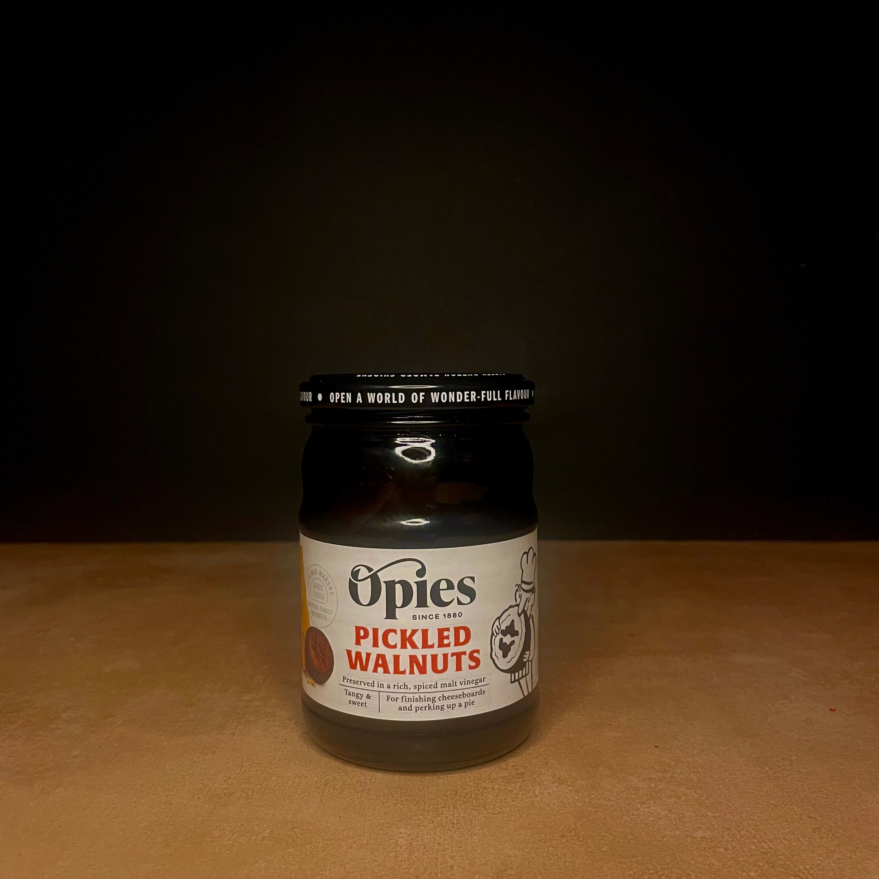 Opies pickled walnuts in malt vinegar, 390g jar